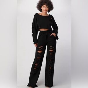 Black Trendy  Distressed Pants & Top Set